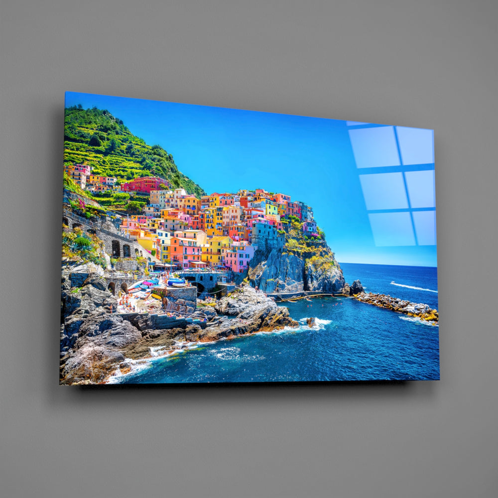 Coastal travel panel anchoring a hallway wall