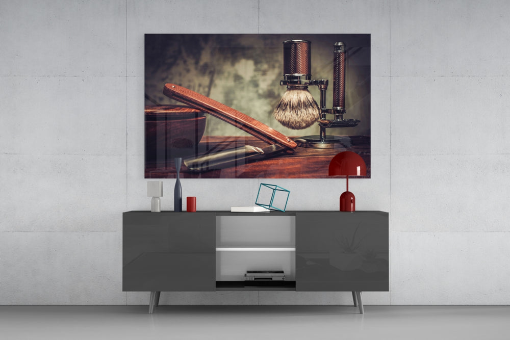 Vintage Shave glass wall art catching light to reveal its painted sepia tones