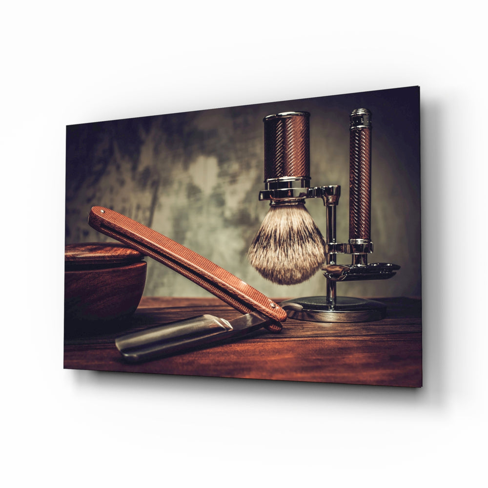 Vintage Shave glass wall art in a modern barbershop