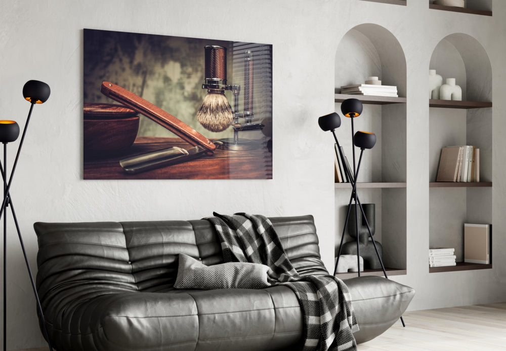 Vintage Shave artwork styled in a study interior