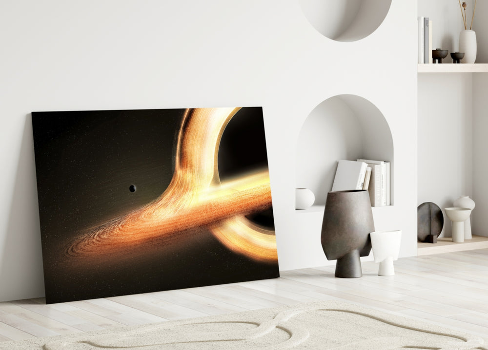 Close-up detail of warped golden accretion disk behind glass