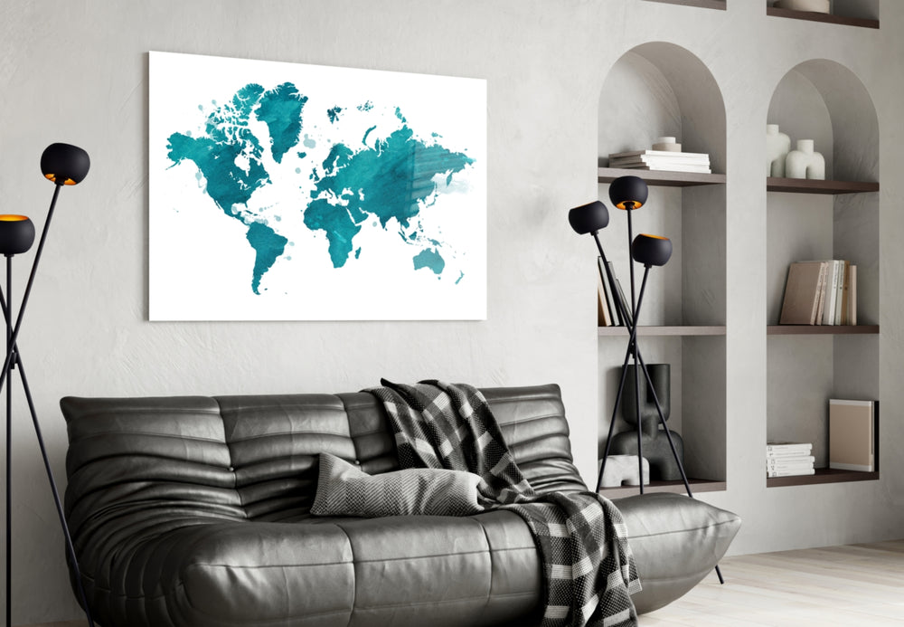 World Map artwork styled in a library interior