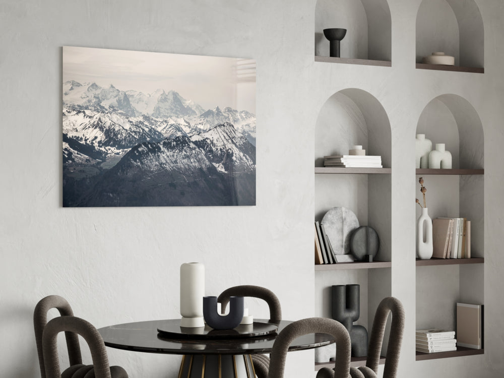 Cinematic landscape print bringing alpine stillness to a hallway