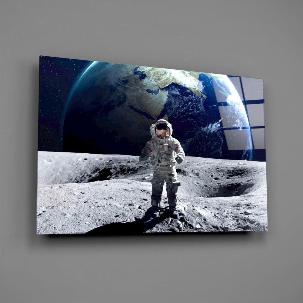 Astronaut panel anchoring a home office wall