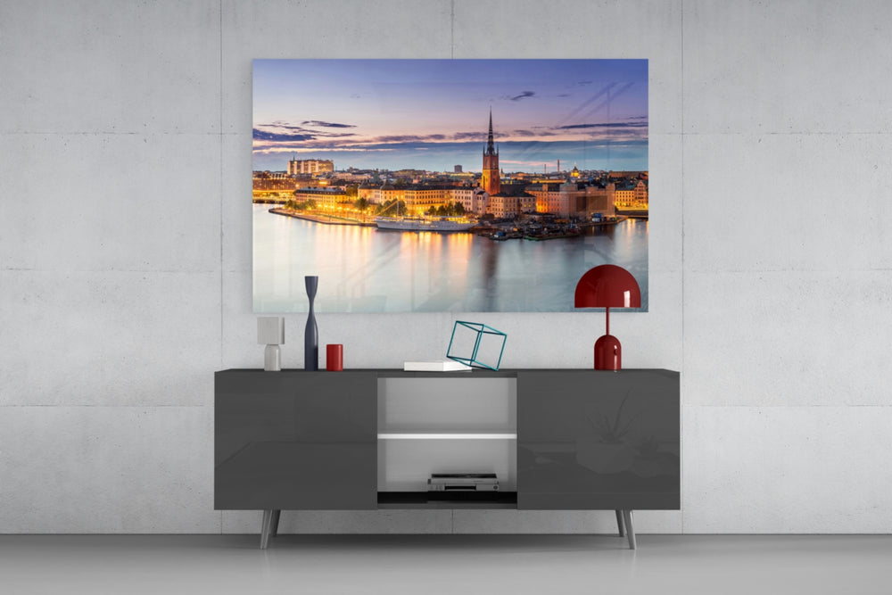 Stockholm glass wall art catching light to reveal its painted twilight tones