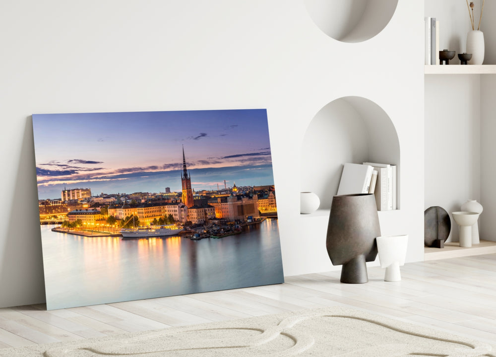 Close-up detail of Riddarholmen spire reflections behind glass