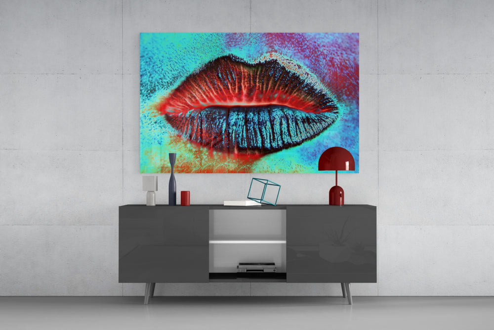 Lips glass wall art catching light to reveal its painted halftone burst