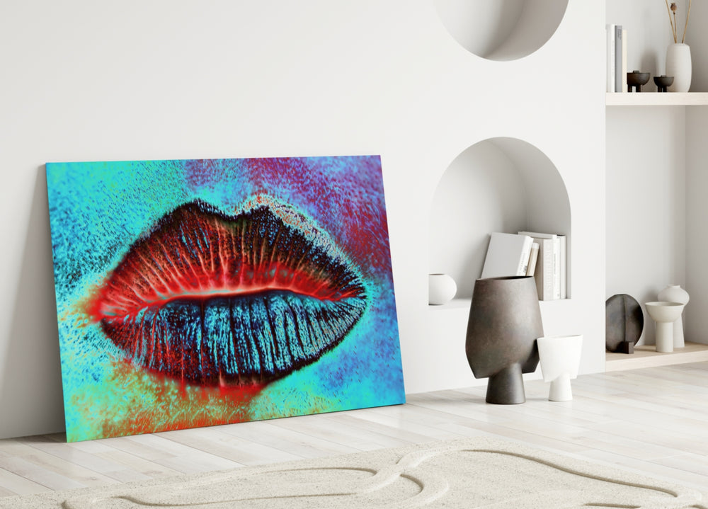 Close-up detail of halftone scarlet-and-cobalt lips behind glass