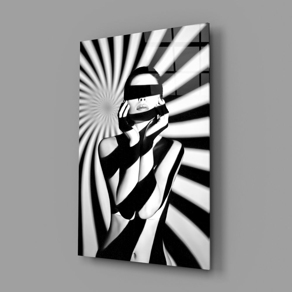 Op-art editorial panel anchoring a creative loft wall