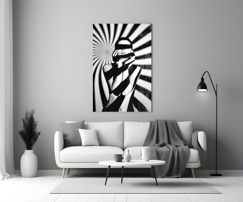 Close-up detail of zebra-stripe shadow and sunburst behind glass