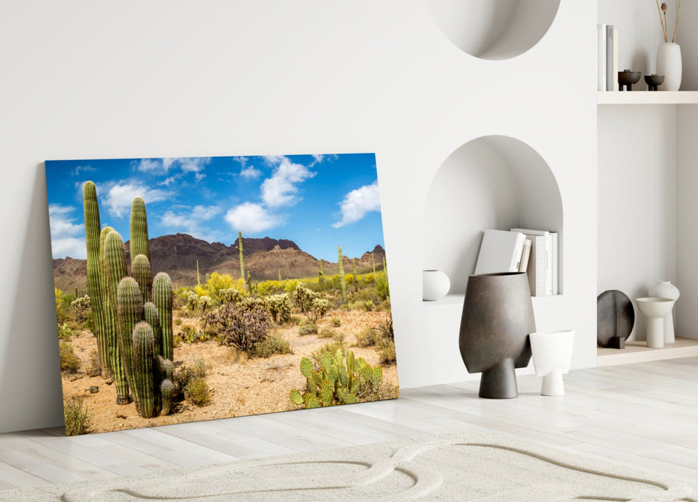 Close-up detail of Saguaro spines and prickly-pear pads behind glass