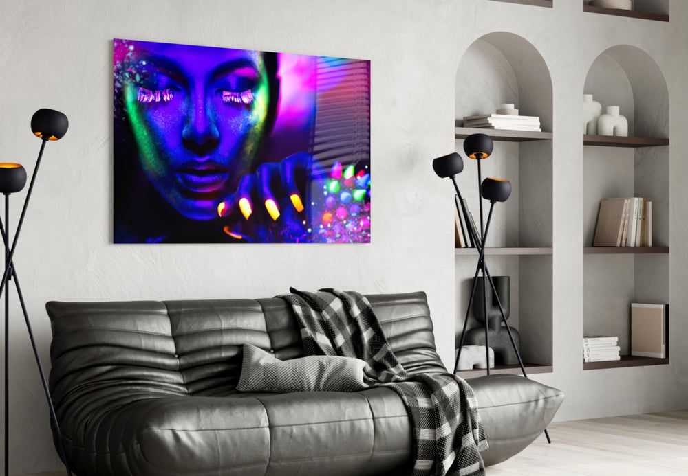 Neon Woman artwork styled in a bedroom interior