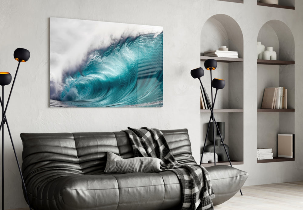 Wave artwork styled in a study interior