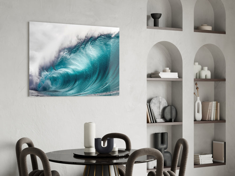 Cinematic surf print bringing ocean edge to a hallway