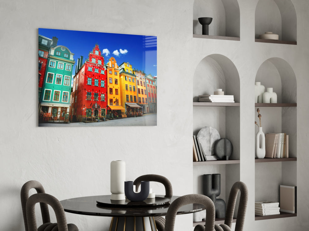 Cinematic travel print bringing Gamla-Stan edge to a hotel-styled lounge