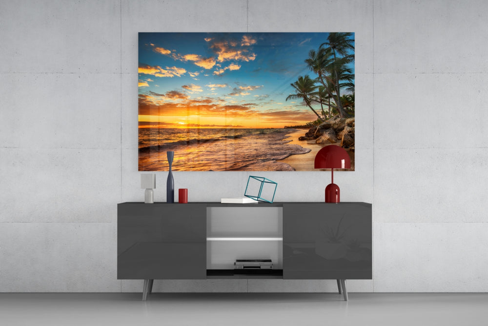 Beach Cruise glass wall art catching light to reveal its painted golden-hour tones