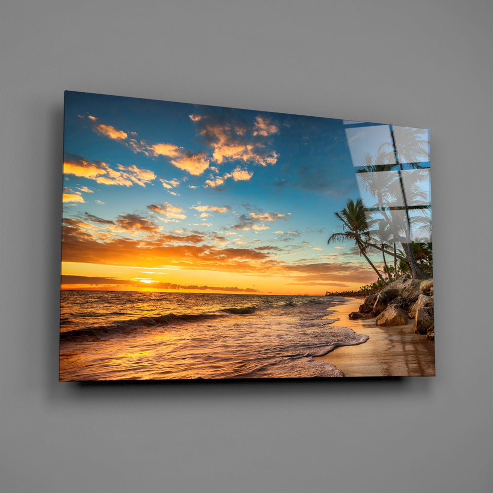 Tropical sunset panel anchoring a coastal-themed bedroom wall