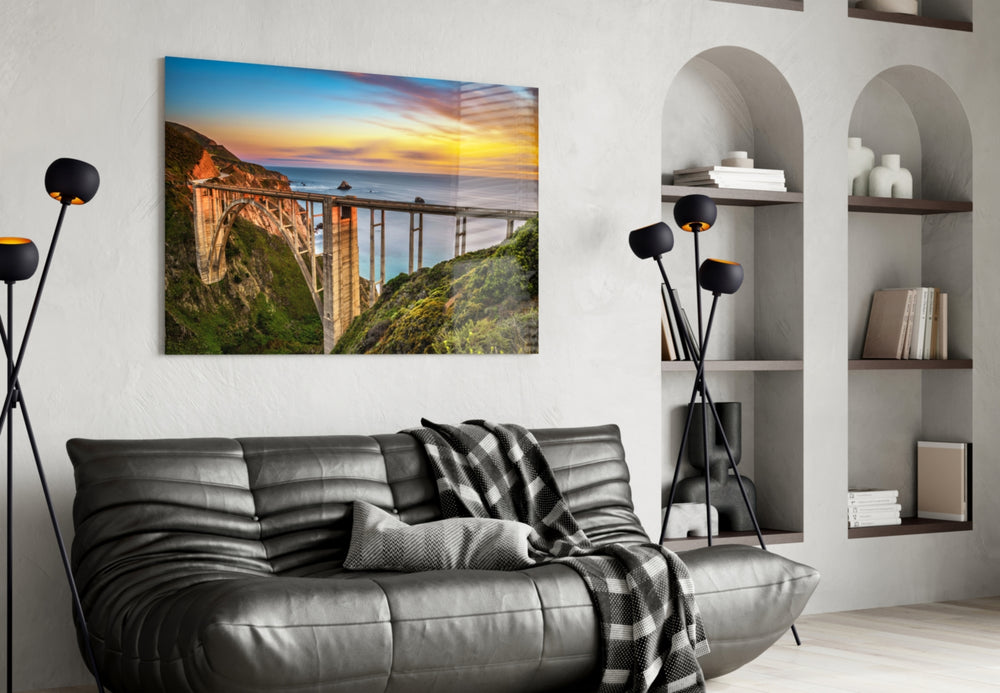 Bixby Creek Bridge artwork styled in a study interior