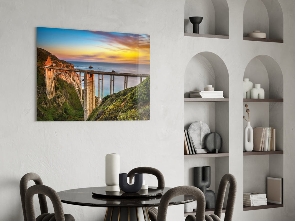 Cinematic travel print bringing Big-Sur edge to a hotel-styled lounge