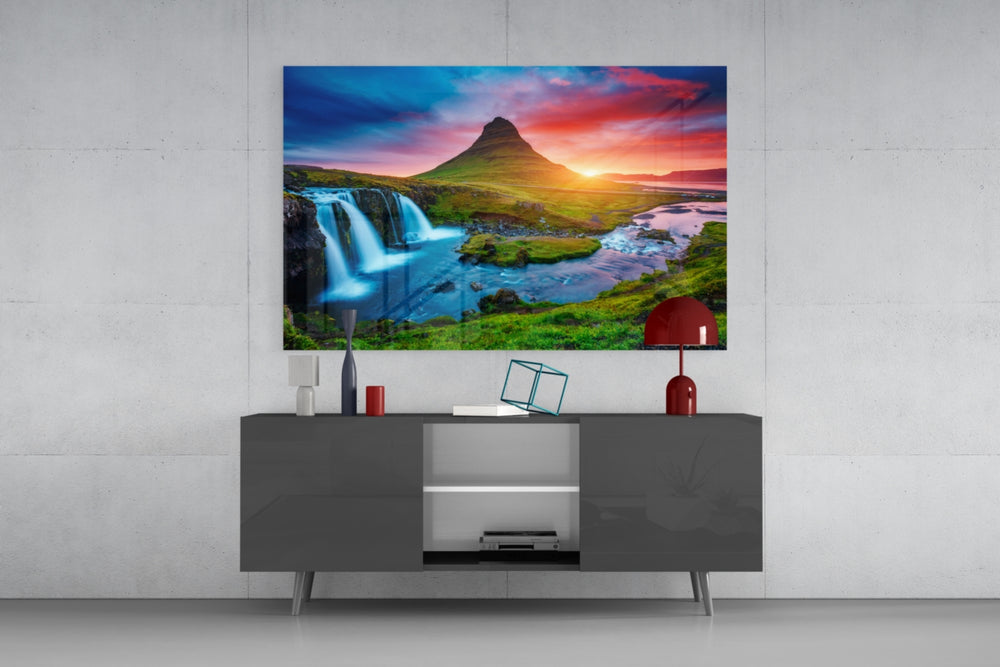 Kirkjufellsfoss Waterfall and View glass wall art catching light to reveal its painted sunset