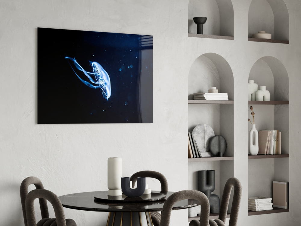 Cinematic marine print bringing aquarium edge to a bedroom
