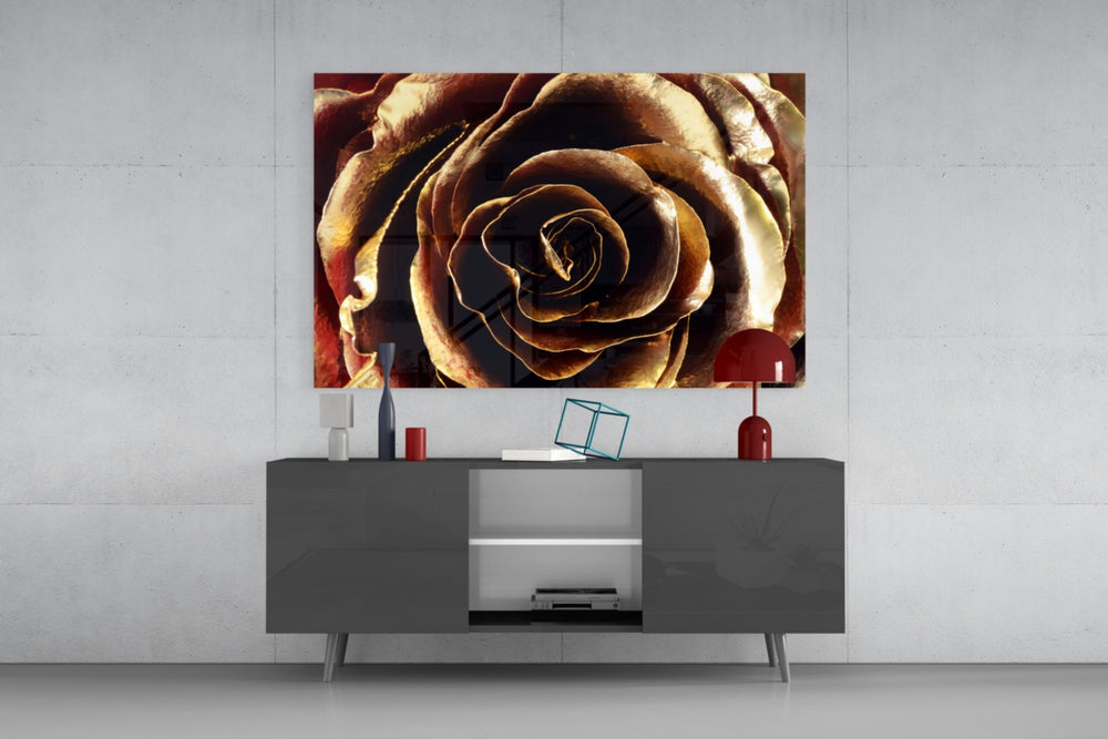 Rose glass wall art catching light to reveal its painted gilded petals
