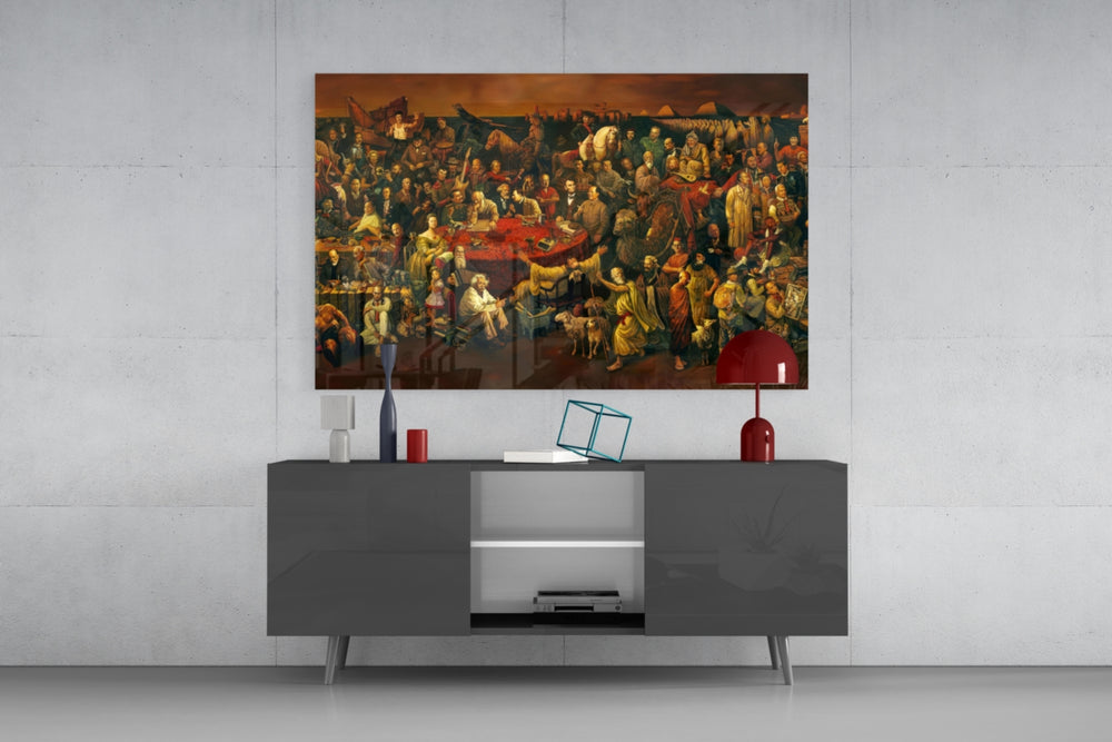 101 Famous People glass wall art catching light to reveal its painted ochre tones