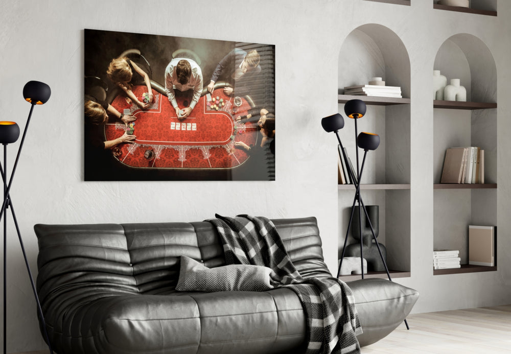Gambling artwork styled in a poker den interior