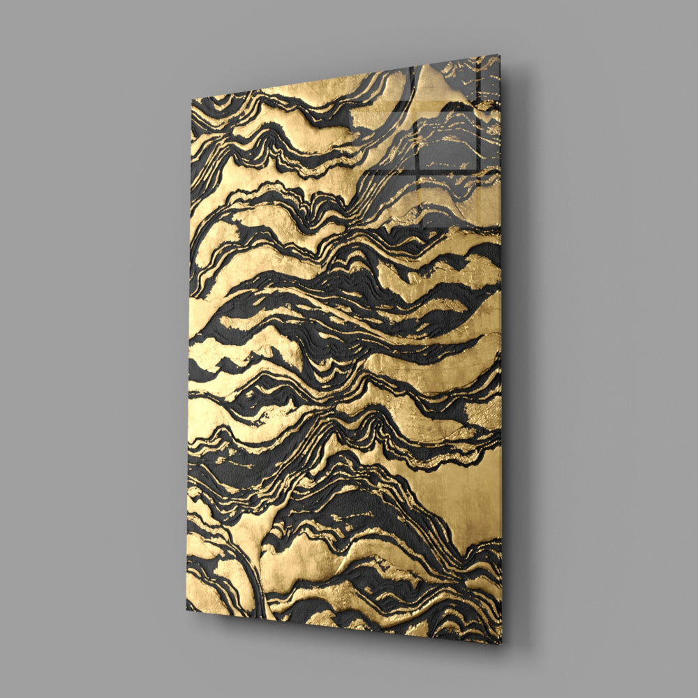 Fluid-art panel anchoring a master bedroom wall