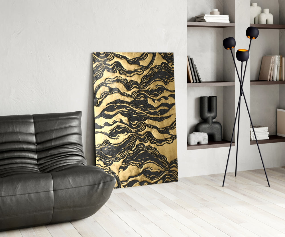 Cinematic abstract print bringing luxe edge to a hallway
