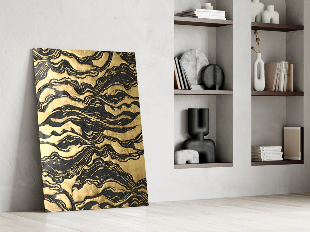 Abstract dikey panel against an onyx-painted accent wall