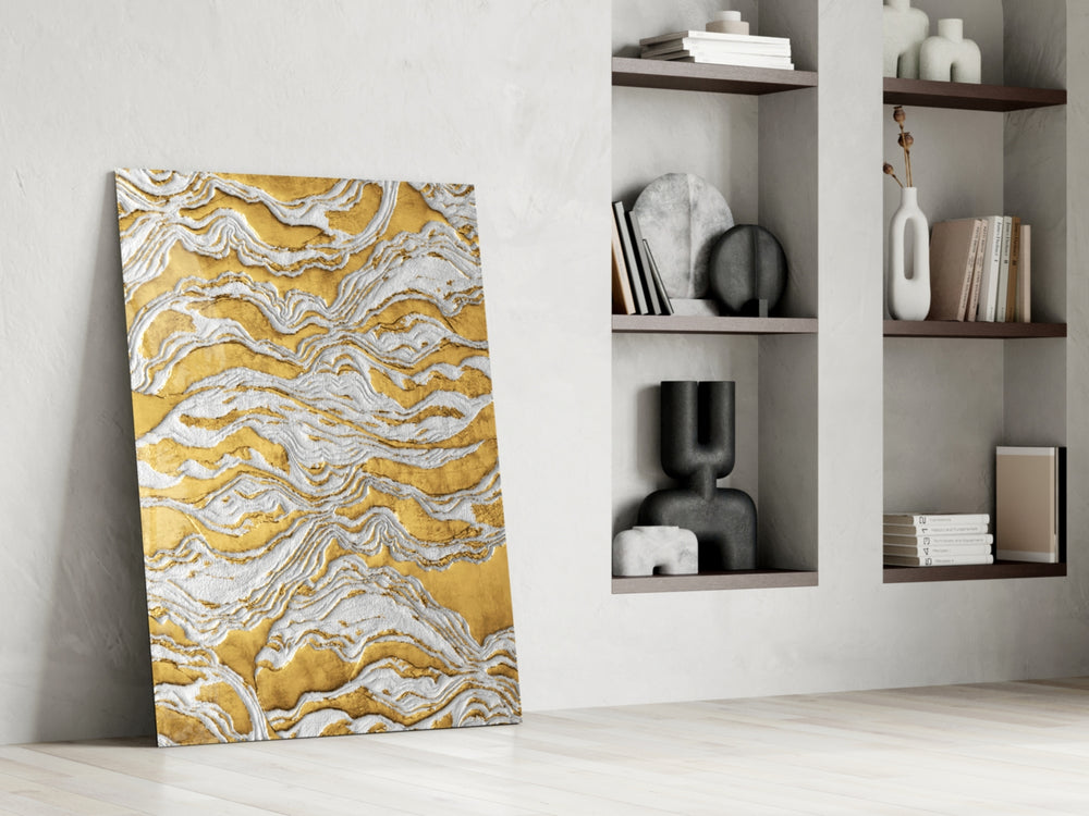 Abstract dikey panel against an ivory-painted accent wall