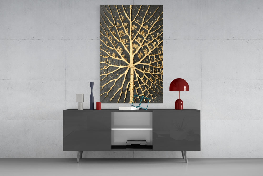 Abstract Art glass wall art catching light to reveal its painted gilded foil