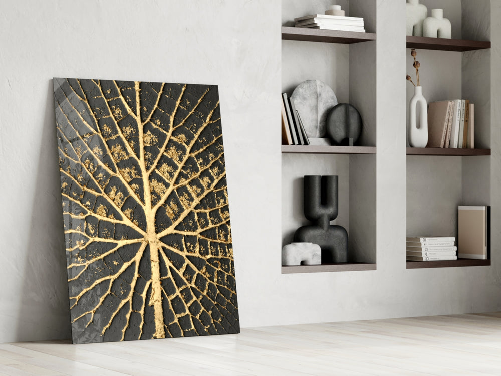Abstract dikey panel against a charcoal-painted accent wall