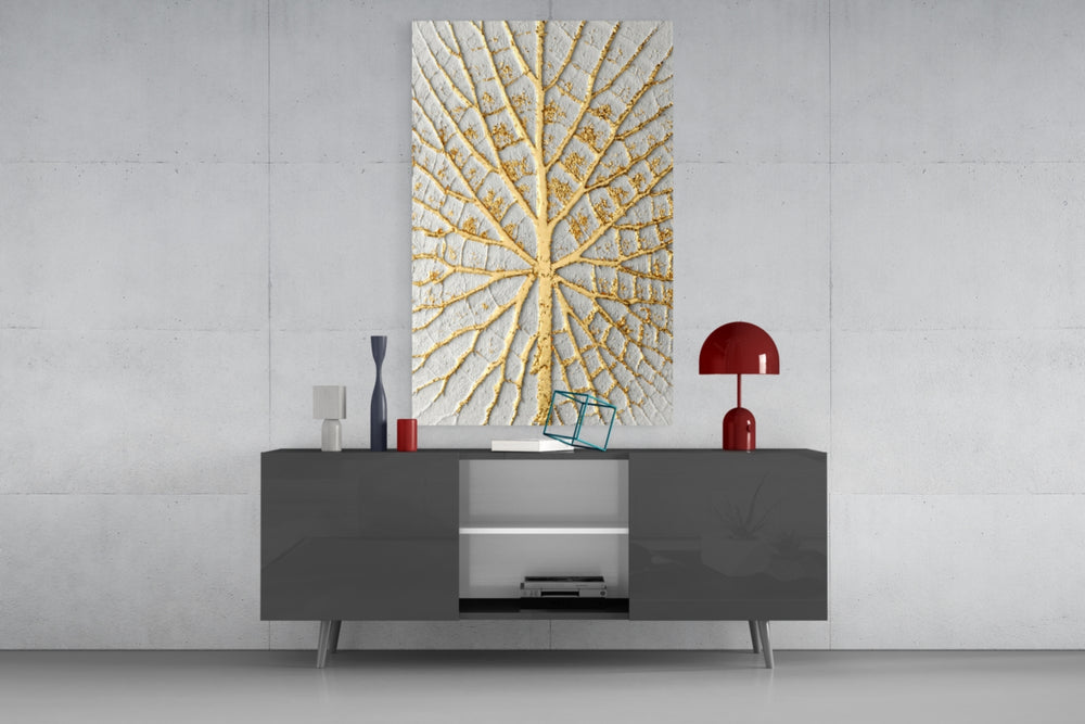 Abstract Art glass wall art catching light to reveal its painted gilded foil