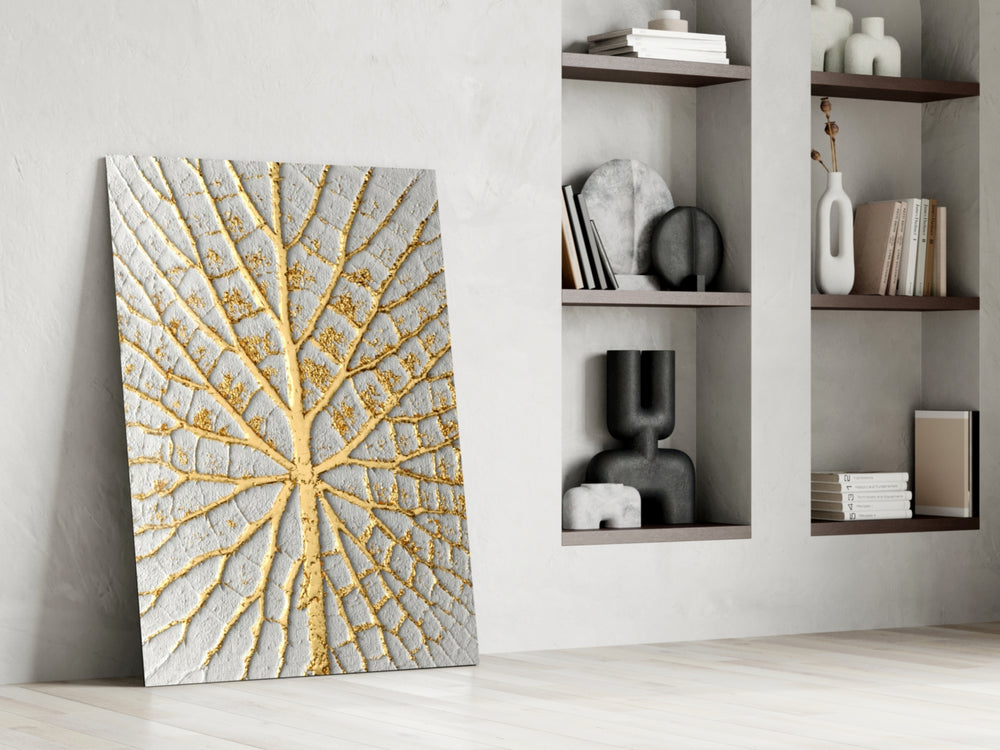 Abstract dikey panel against an ivory-painted accent wall