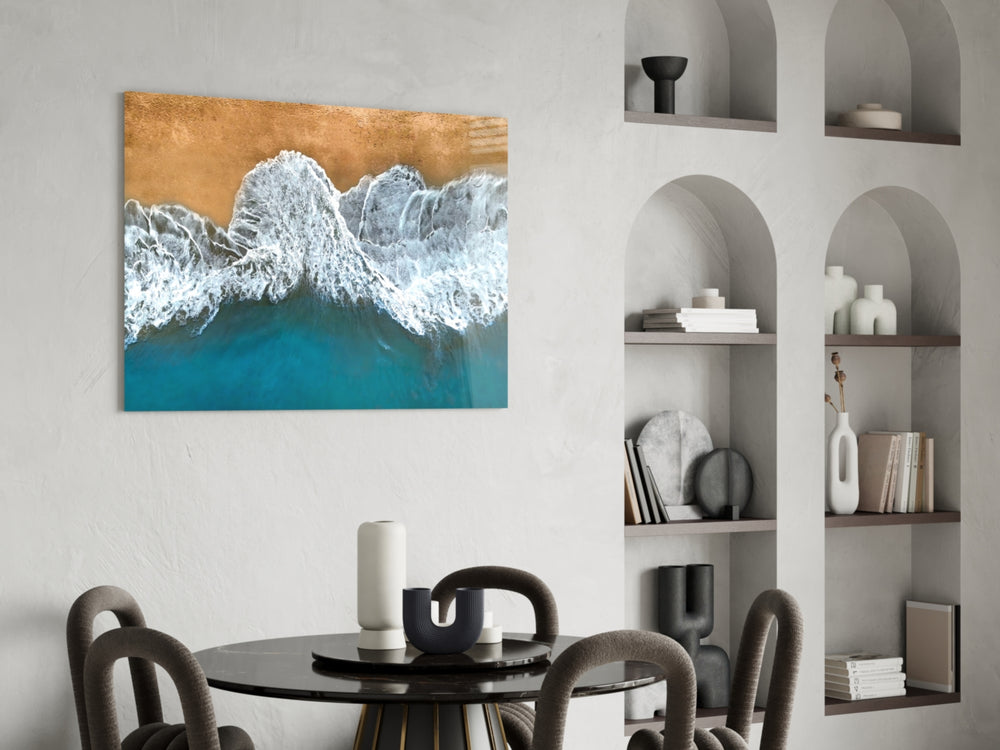 Cinematic coastal print bringing aerial edge to a coastal-themed bedroom