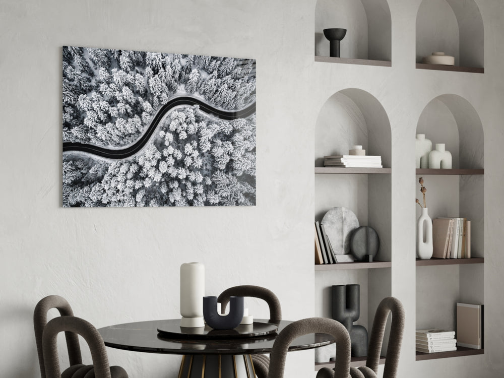 Cinematic landscape print bringing winter edge to a hallway
