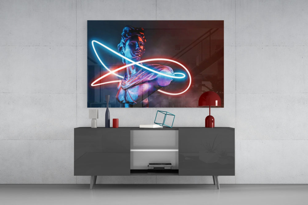 Abstract Art glass wall art catching light to reveal its painted neon halo