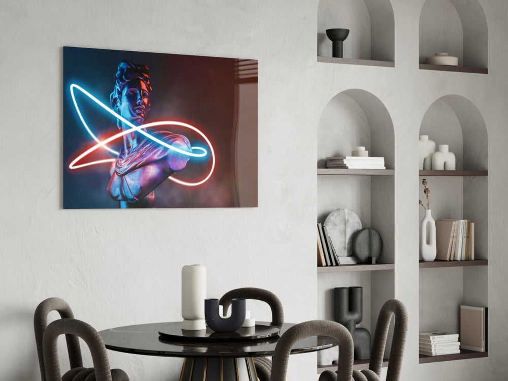 Cinematic pop-classical print bringing synthwave edge to a bedroom