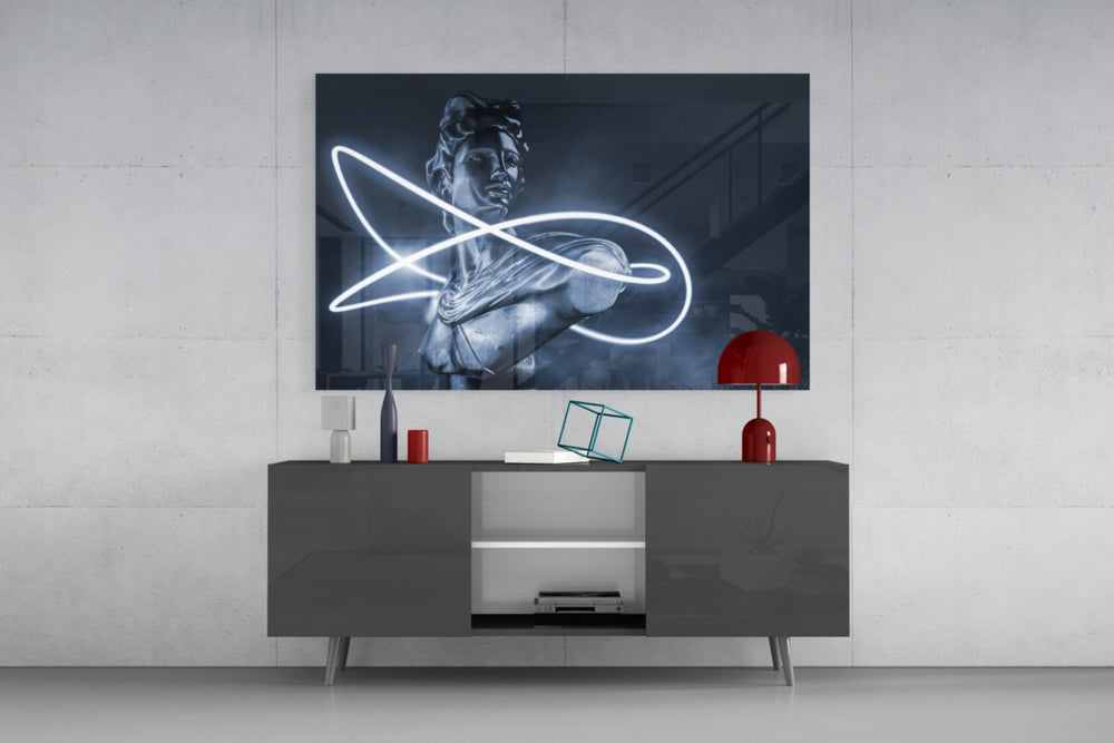 Abstract Art glass wall art catching light to reveal its painted indigo halo