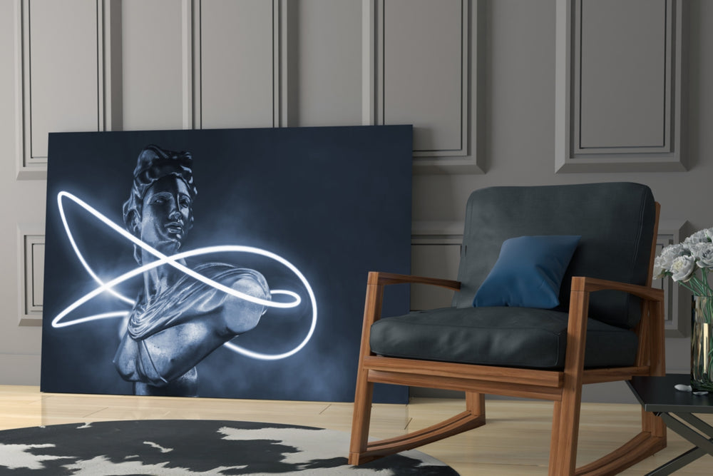 Pop-classical yatay panel against an indigo-painted accent wall