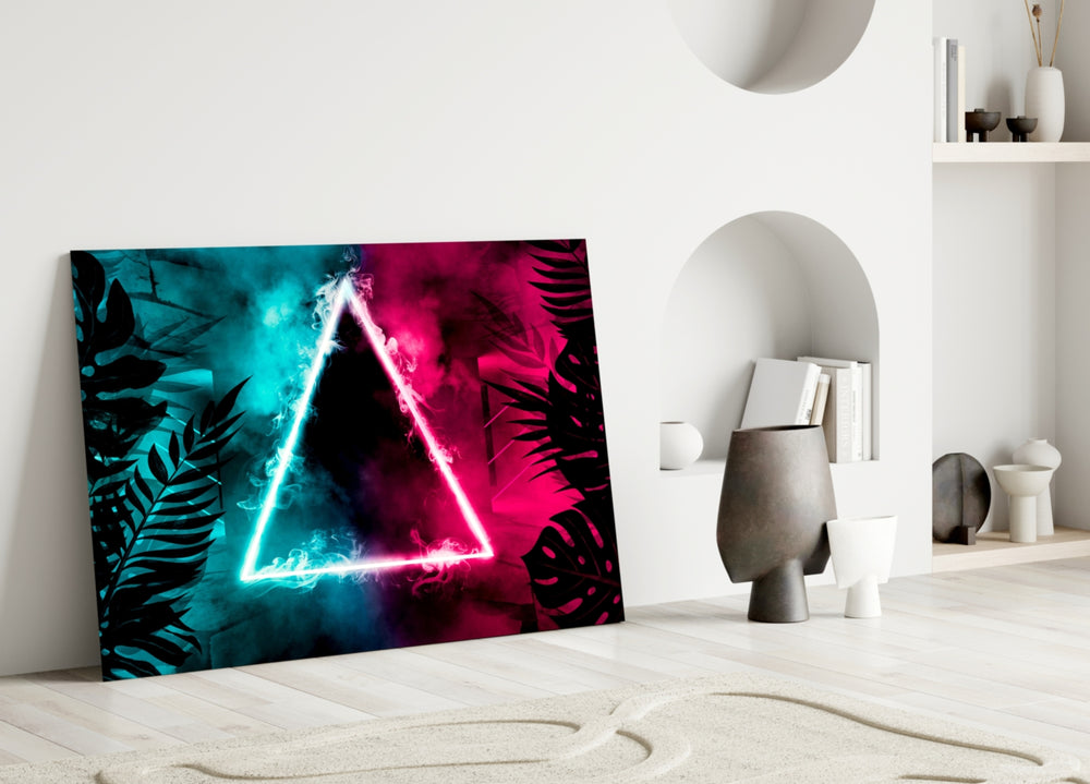 Close-up detail of ivory neon triangle and cyan-magenta vapour behind glass