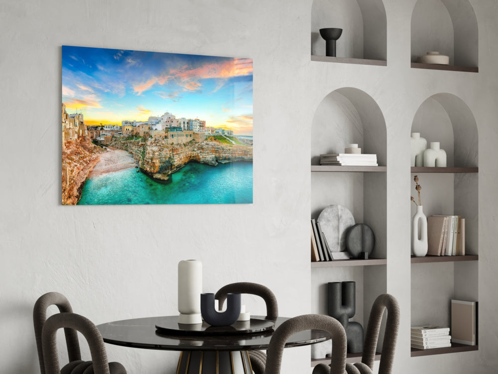 Cinematic travel print bringing Mediterranean edge to a hallway