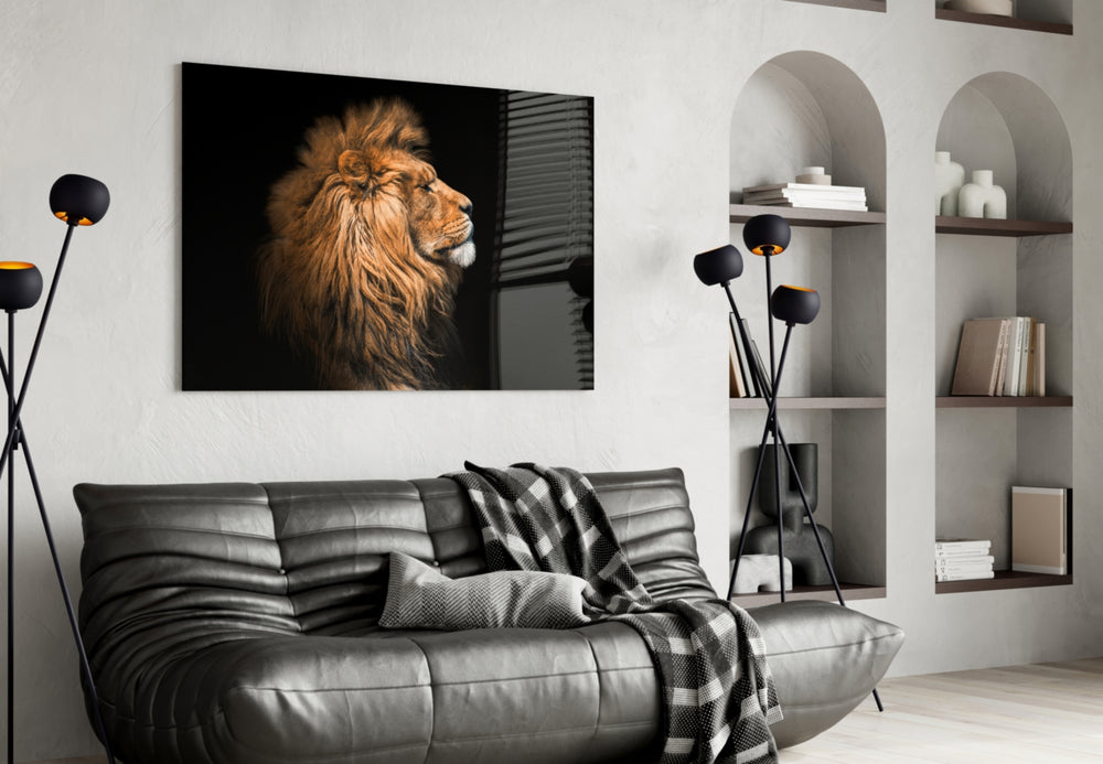 Lion artwork styled in a man cave interior