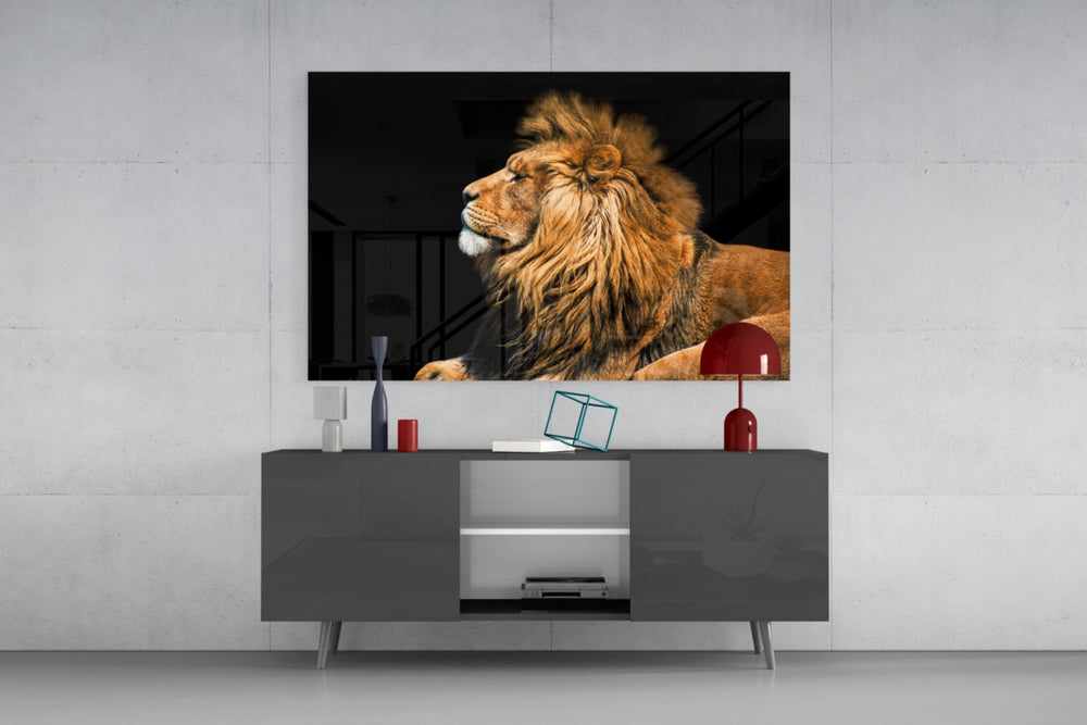 Lion glass wall art catching light to reveal its painted amber mane