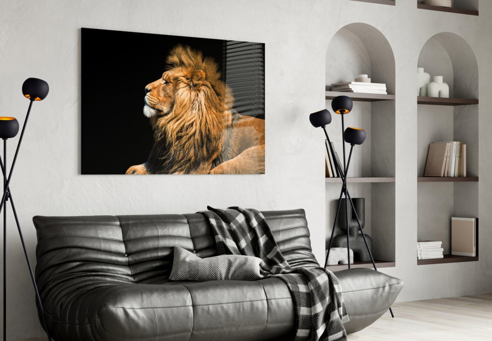 Lion artwork styled in a man cave interior