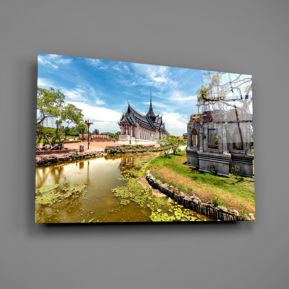 Travel panel anchoring a hotel-styled lounge wall