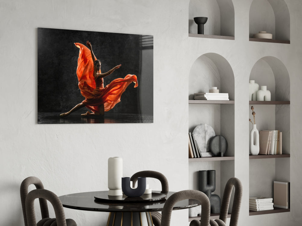 Cinematic ballet print bringing stage edge to a creative loft
