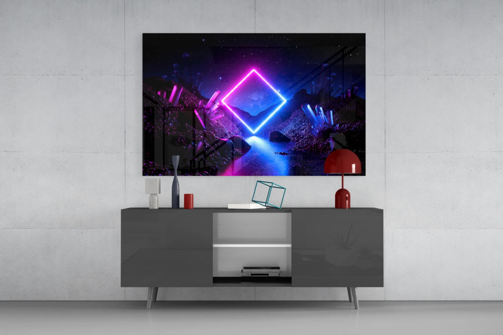 Abstract Art glass wall art catching light to reveal its painted neon rhombus